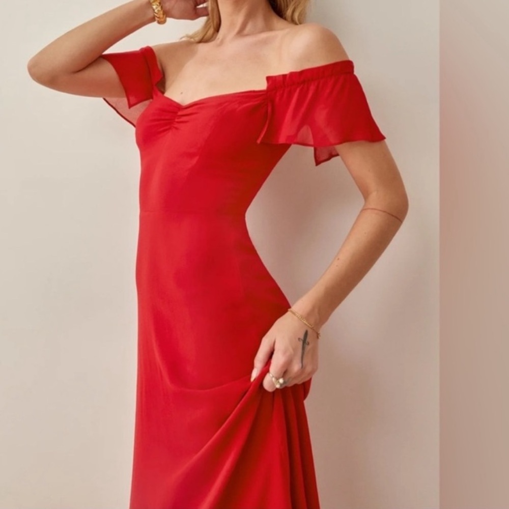 Reformation Red Off-Shoulder Butterfly Flutter Sleeve Midi Dress Size 0 - Picture 3 of 12
